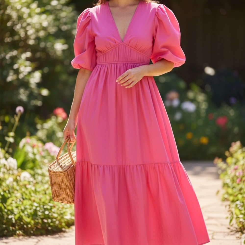 Jessica Simpson Pink Puff Sleeve V-Neck Maxi Dress